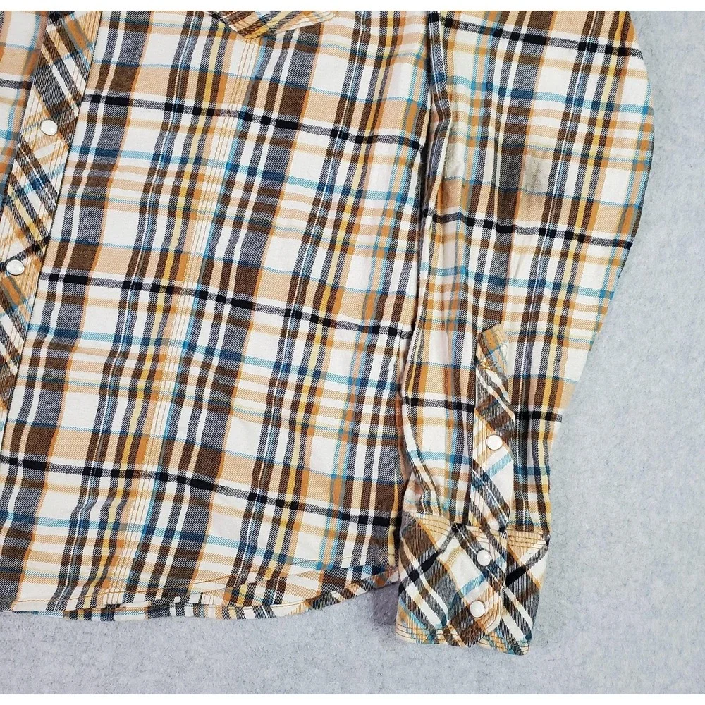 True Religion Shirt Tag Size XXXL Fits 2XL Brown Blue Plaid Pearl Snap Flannel